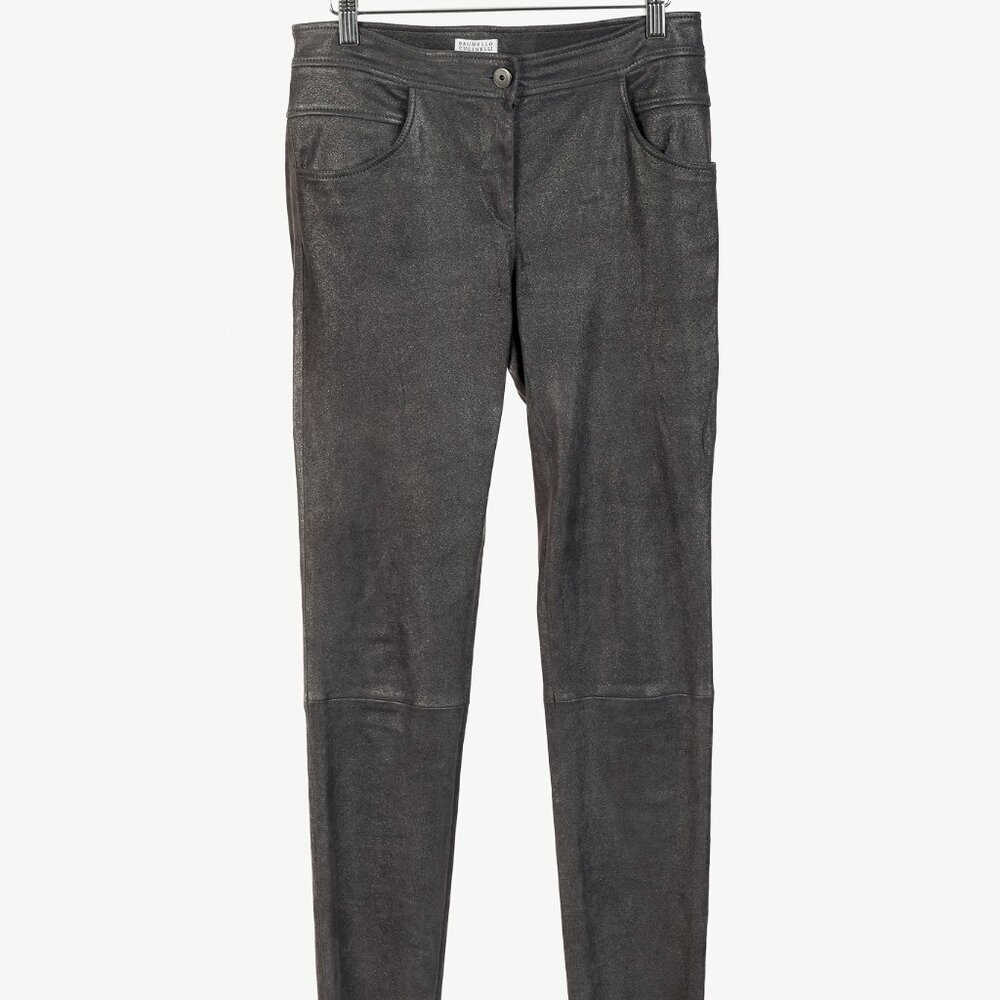 Brunello Cucinelli AW/18 Lead Metallic Leather Skinny Pants